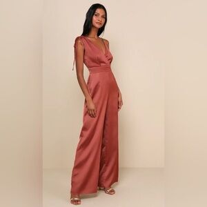 Lulu's Satin Tie-Strap Wide-Leg Jumpsuit in Rosewood